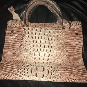 Brown and white print purse